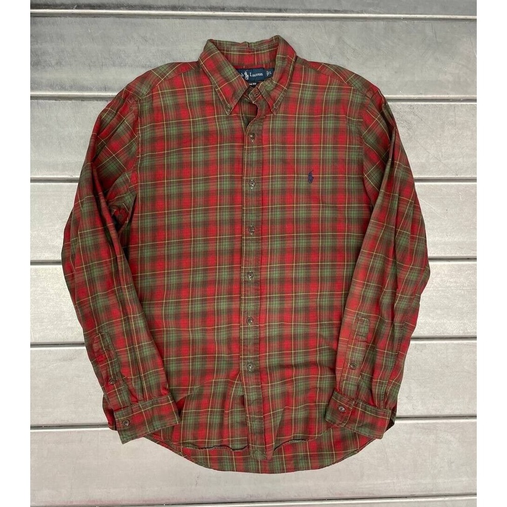 Vintage Ralph Lauren Button Up Shirt Mens Large Red Green Plaid Custom Fit
